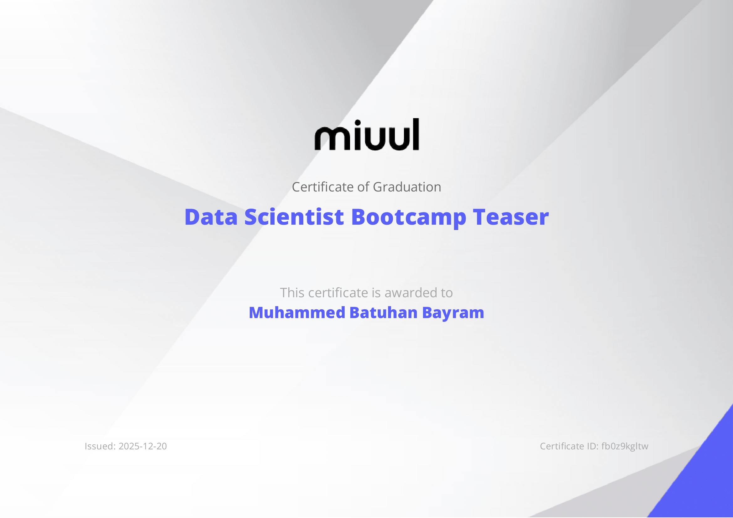 Miuul Data Scientist Bootcamp Teaser — Katılım Sertifikası