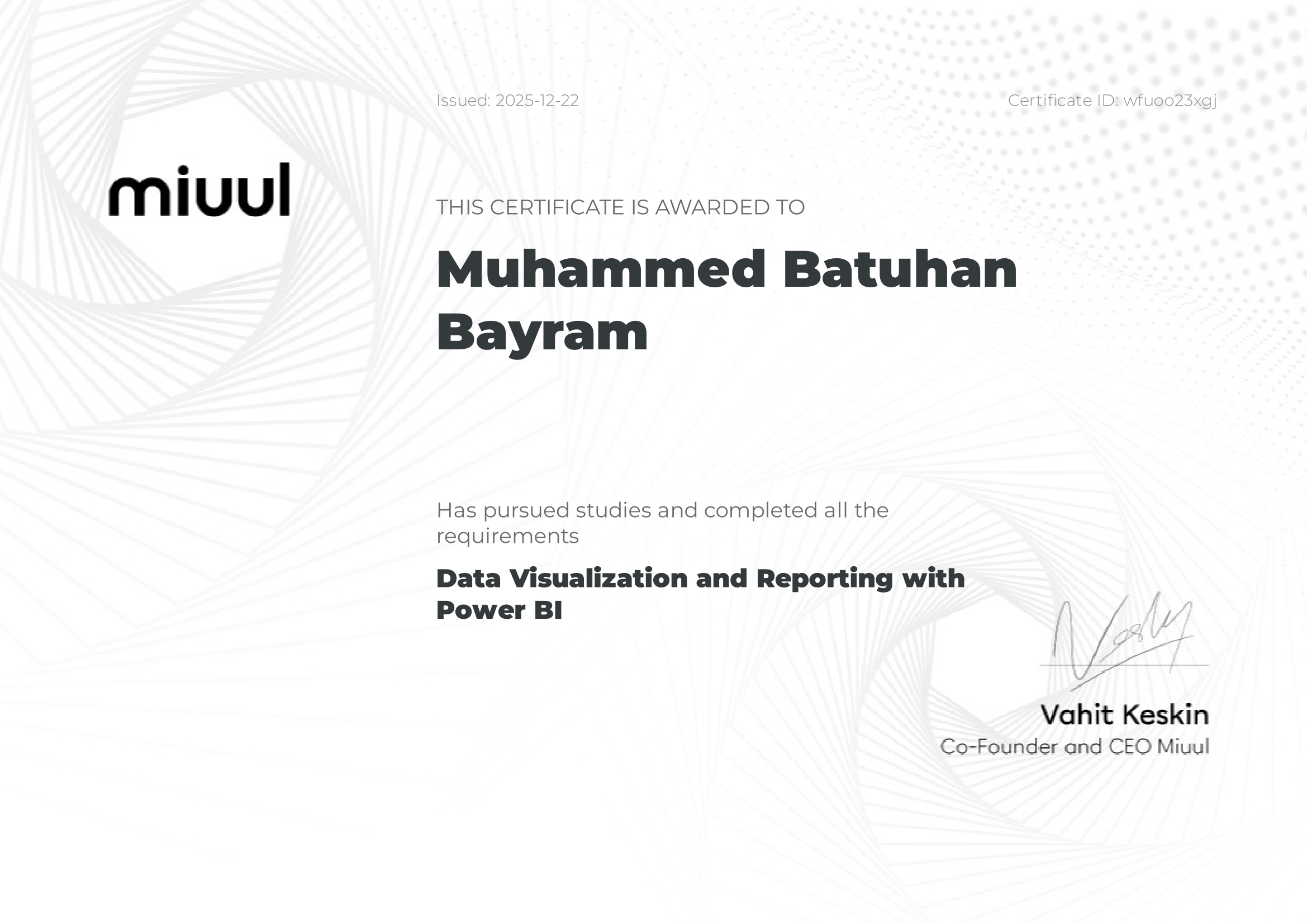 Miuul Data Visualization and Reporting with Power BI — Başarı Sertifikası